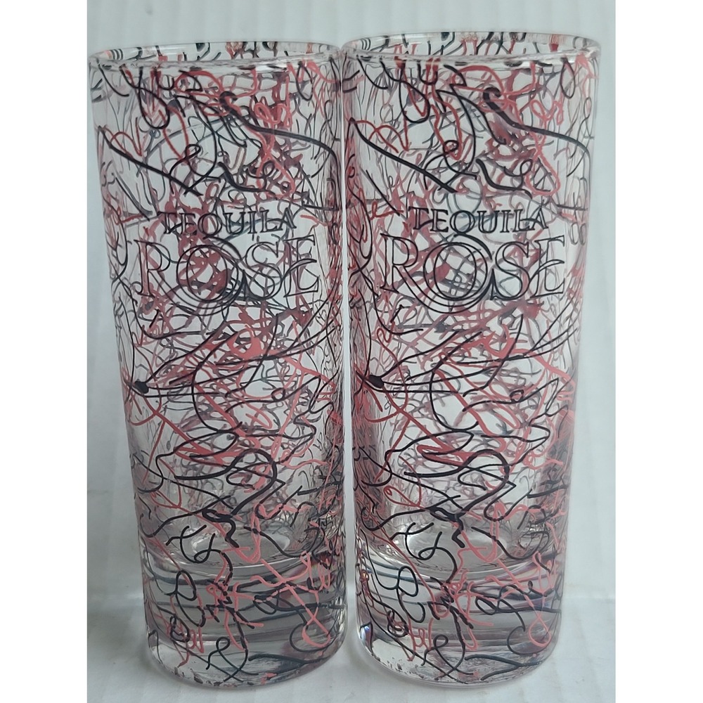 Vtg 1990's Pink Black Abstract Scribble Splatter Design 4" Tall Shot Glasses 2ct